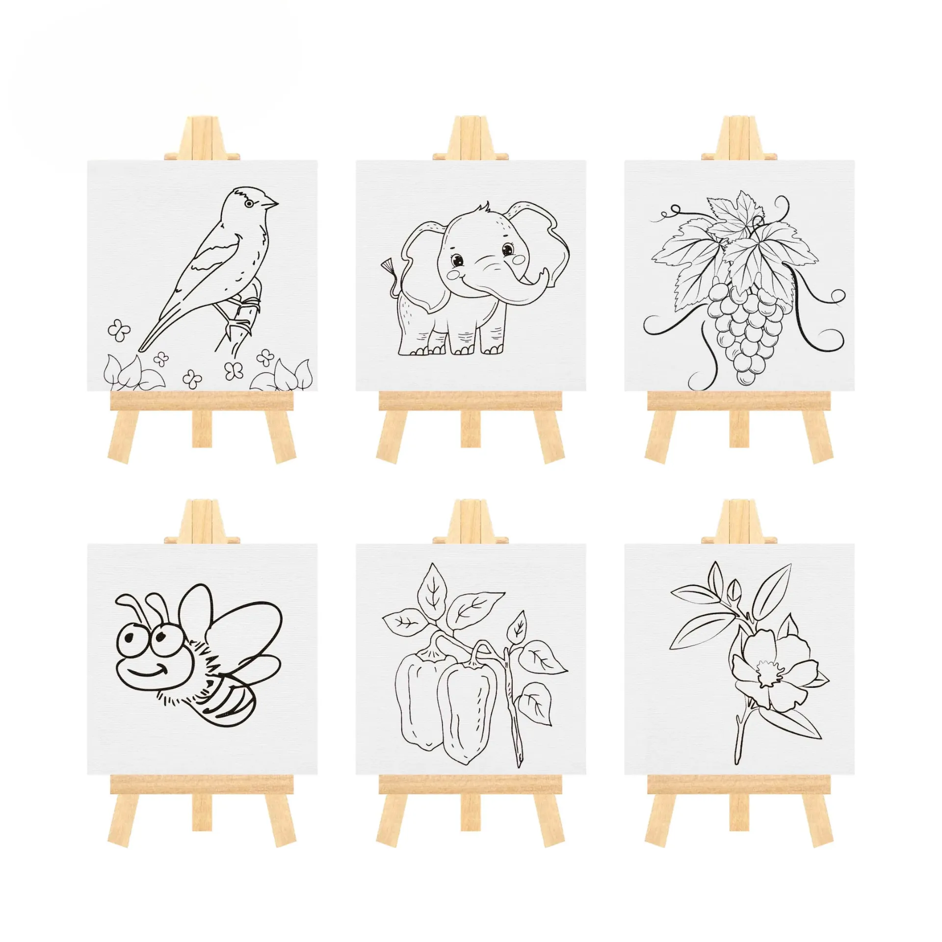 Kids Pre-Drawn Mini Canvas & Wooden Easel Set (10x10 cm)