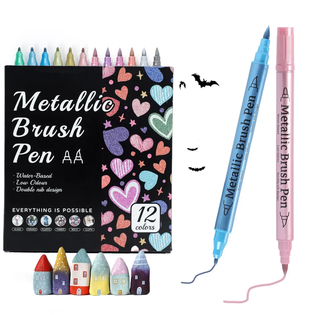 Dual Tip Metallic Glitter Acrylic Brush Pens 12 Colors