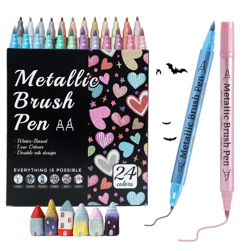 Dual Tip Metallic Glitter Acrylic Brush Pens 24 Colors