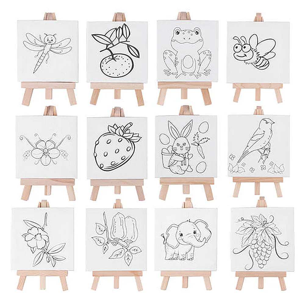 Mini Pre-Drawn Canvas Painting Kit with Wooden Easel (10×10 cm)